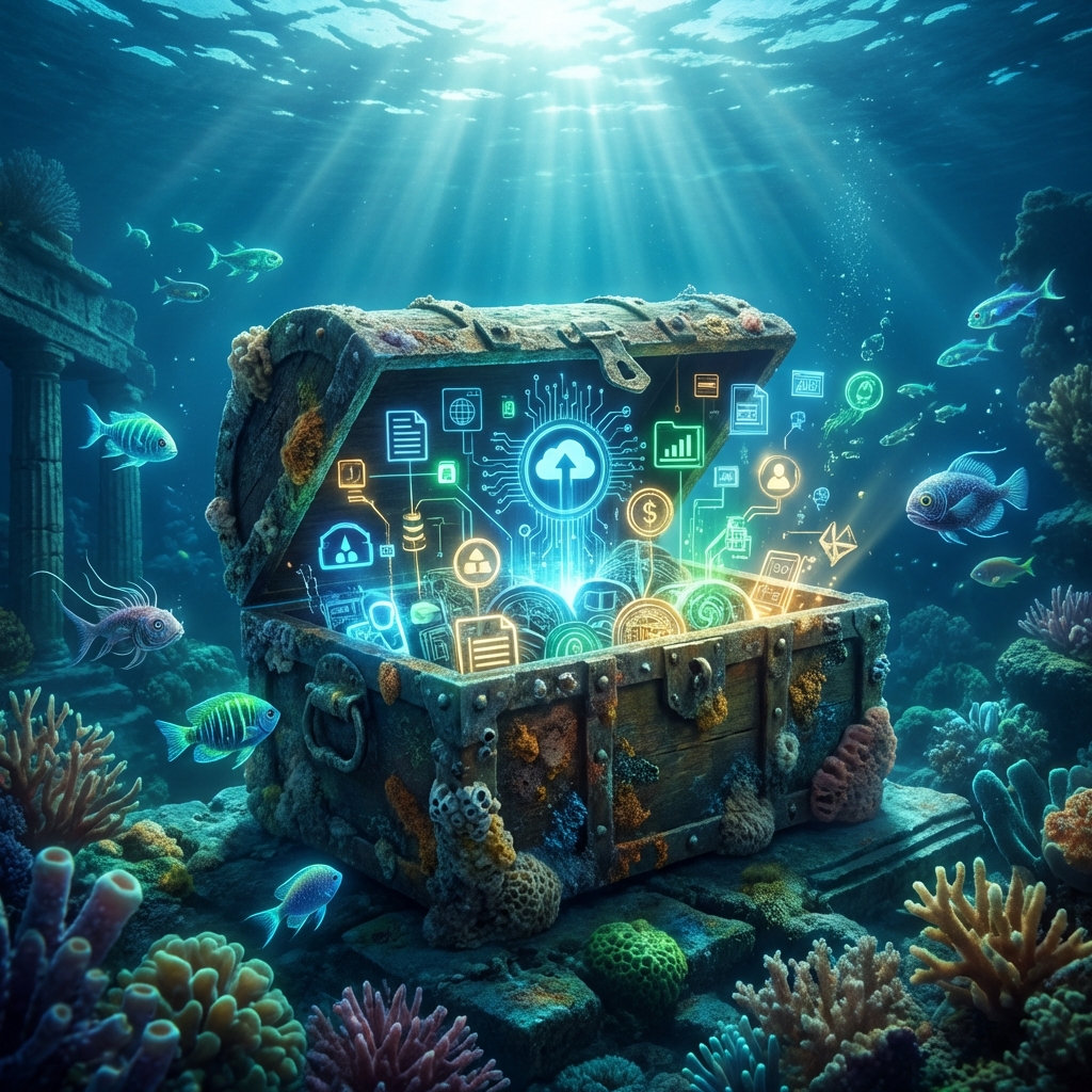 Tresor mit Datensymbolen am Meeresgrund